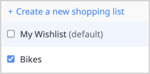 "Add to shopping list" belonging menu with "Bikes" selected